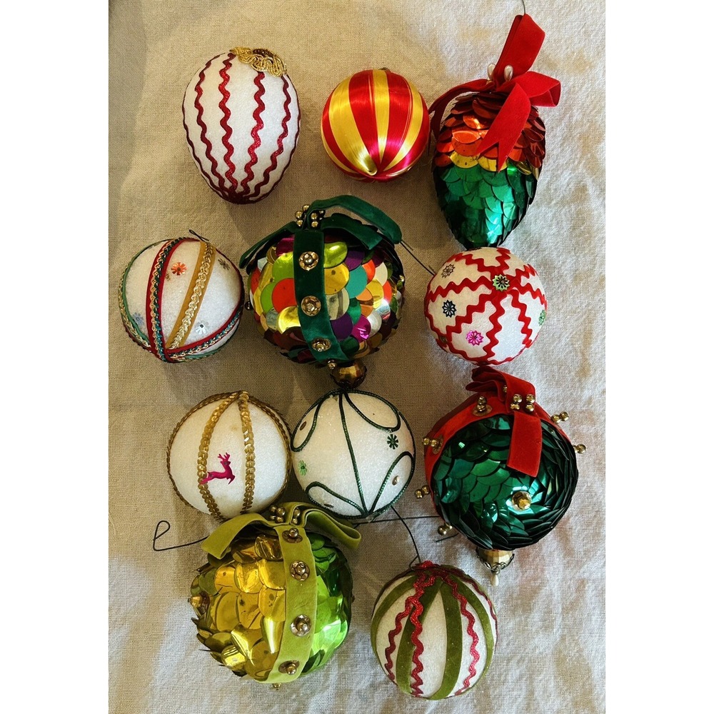 11 Vintage Push Pin Christmas Colors Rainbow Ornaments Velvet Rickrack Sequins